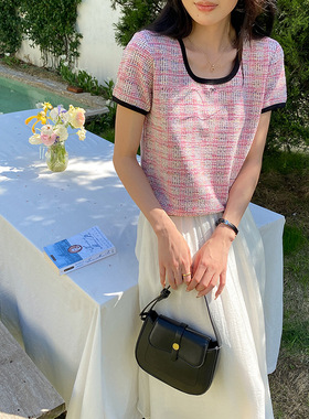 SUNS 粉白格纹小香风短袖T恤女 撞色U领显瘦短款针织上衣 ZY1699