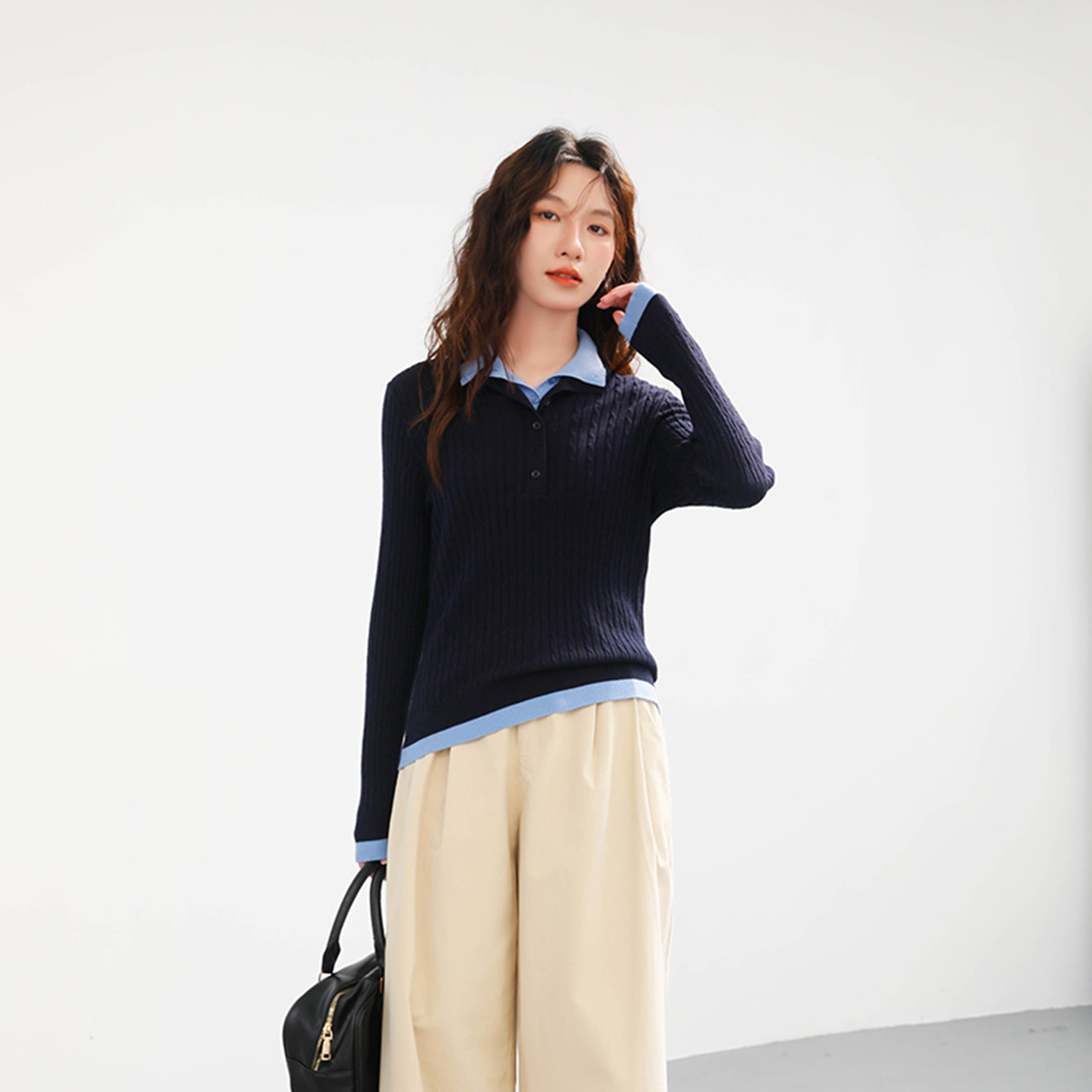 撞色假两件立领毛衣女款2025新款复古麻花显瘦翻领羊毛打底衫秋冬