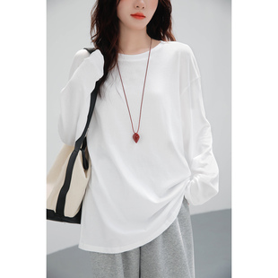 遮屁股叠穿白体打底衫 宽松中长款 春 t恤女2026新款 白色纯棉长袖
