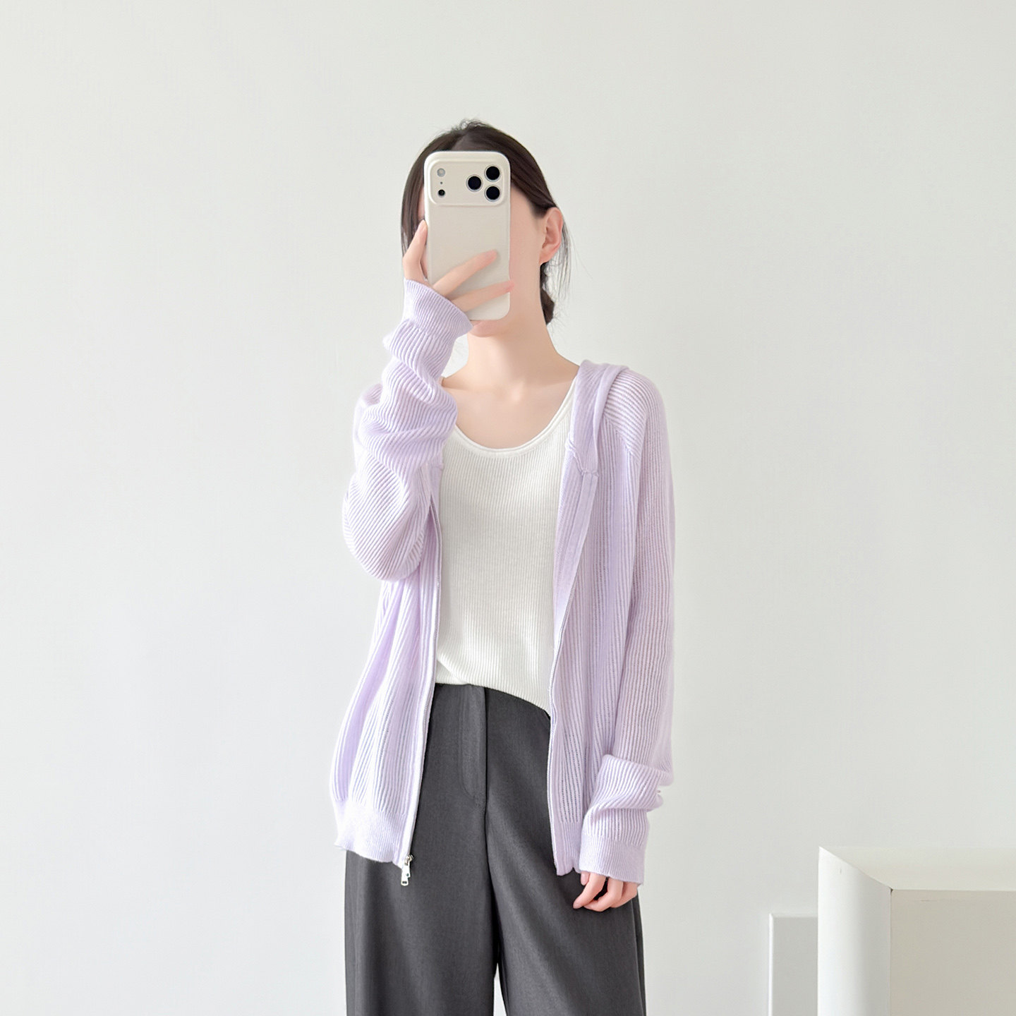 浅紫色连帽针织开衫外套女款2026新款秋季宽松慵懒风毛衣外搭上衣