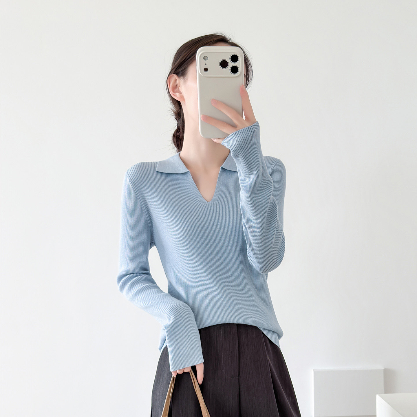 蓝色POLO领针织衫女款2026新款小V领内搭可外穿洋气上衣打底衫秋