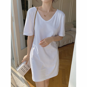 白色V领t恤裙连衣裙女短袖2026新宽松纯棉中长款u领休闲裙子夏季