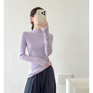 紫色半高领针织打底衫女款2026新款显瘦内搭百搭弹力中领毛衣秋冬