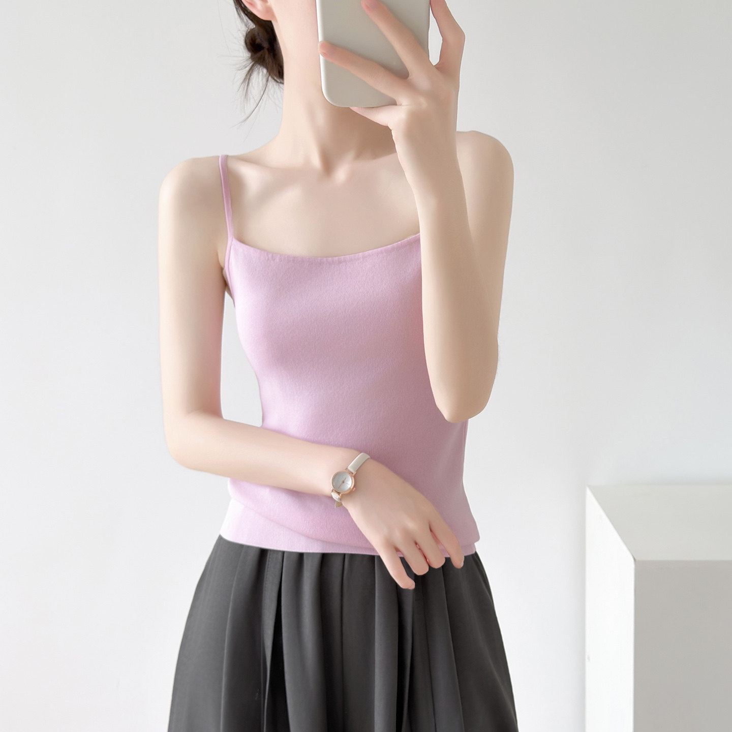 莱赛尔天丝方领细肩带吊带女