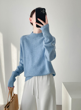 蓝色半高领毛衣女款2025新款宽松慵懒高级感100纯羊毛打底衫秋冬