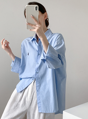 蓝色衬衫女2026年新款洋气时尚设计感高级宽松慵懒风长袖衬衣春秋