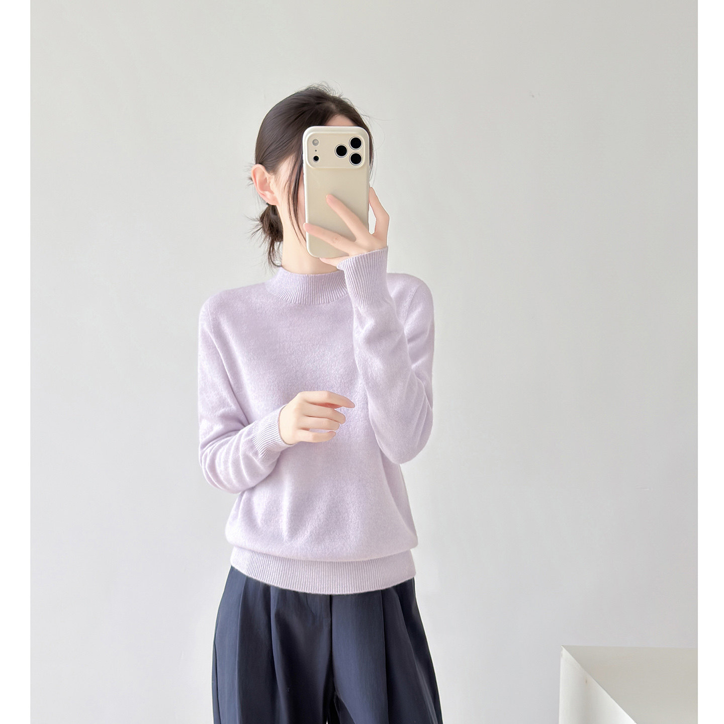 浅紫纯色半高领百搭内搭毛衣女图片