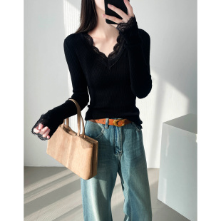 轻奢高级感黑色显瘦针织衫 法式 女装 2025新款 蕾丝边V领打底羊毛衫