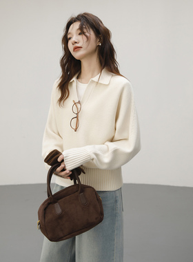 老钱风白色翻领毛衣内搭可外穿POLO连肩袖羊毛羊绒针织打底衫冬季