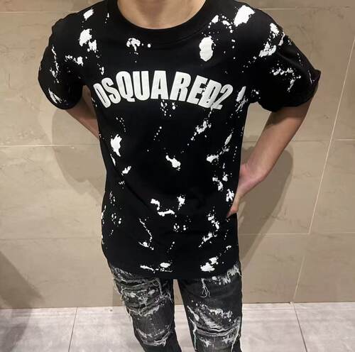 夏季新款D2轻奢短袖潮牌泼墨纯棉T恤男女同款宽松百搭学生圆领装