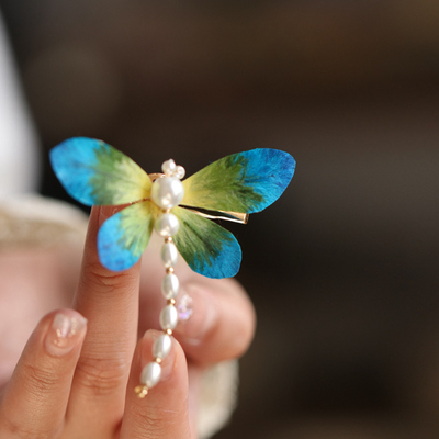 绒花蜻蜓小发夹汉服配饰青绿色