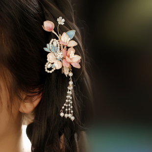 粉蓝色古风掐丝花朵发夹侧边夹子发饰女流苏中式汉服头饰新娘头饰