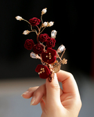 后脑勺边夹女侧边 酒红色发饰山茶花新年款 发夹 秀禾头饰古风明制