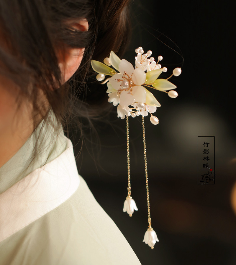白绿色铃兰流苏发簪头饰森系 仙美 简约现代发饰汉服配饰古典步摇