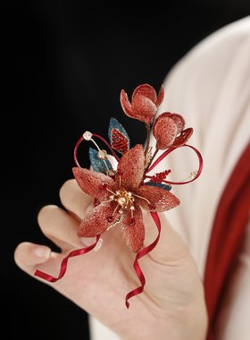 古风红色花朵飘带发夹汉服盘发
