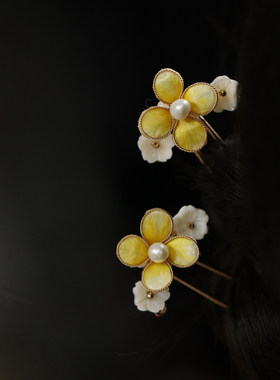 古风桂花汉服黄色绒花发簪仙气