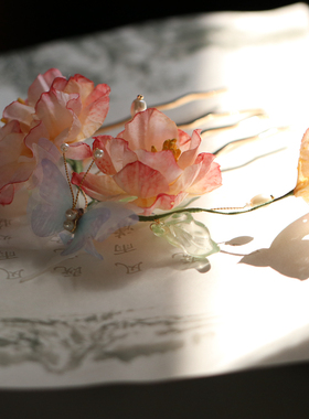 甜美牡丹芍药汉服配饰发梳侧边唐风优雅烫花新款仙美少女宋制蝴蝶