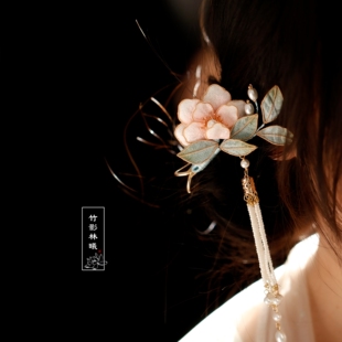 唐风丸子头发饰超仙 汉服 牡丹花 粉蓝色少女感流苏步摇发簪新中式