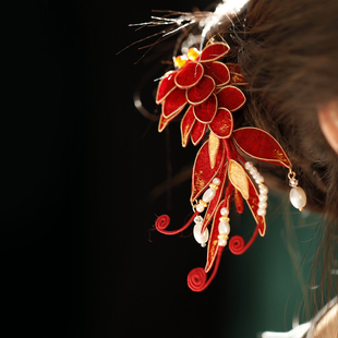 锦鲤新中式红色掐丝布绒流苏发夹结婚礼服旗袍秀禾服配饰发饰过年