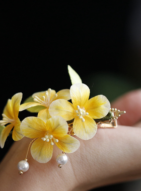 气质春山空绒花发夹森系仙女黄色桂花侧边夹发饰发簪汉服夹子旗袍