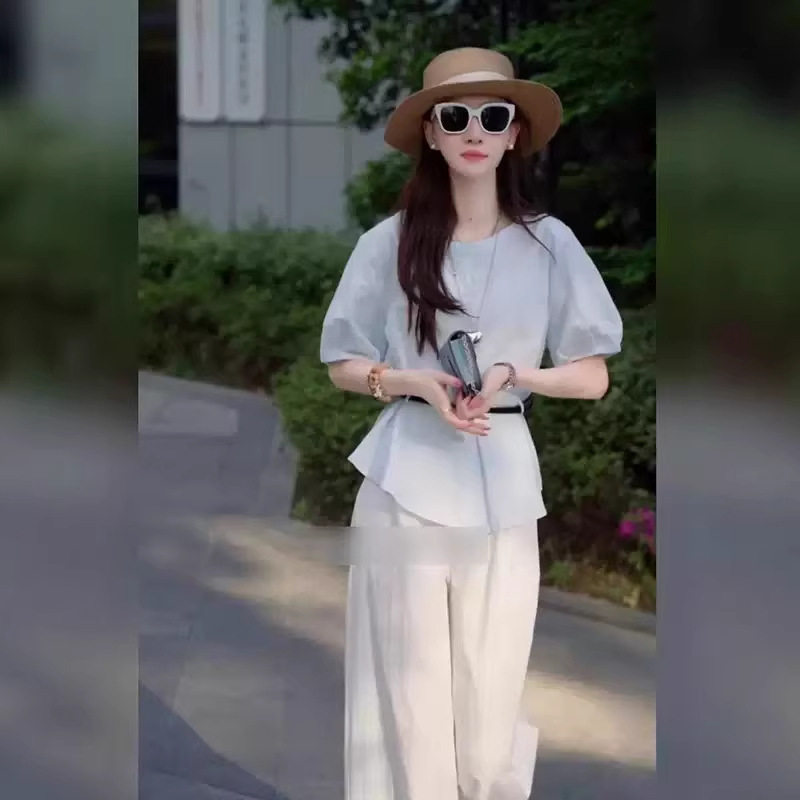 小个子圆领短袖衬衫阔腿裤两件套装裤女2026新款休闲夏装一整套装