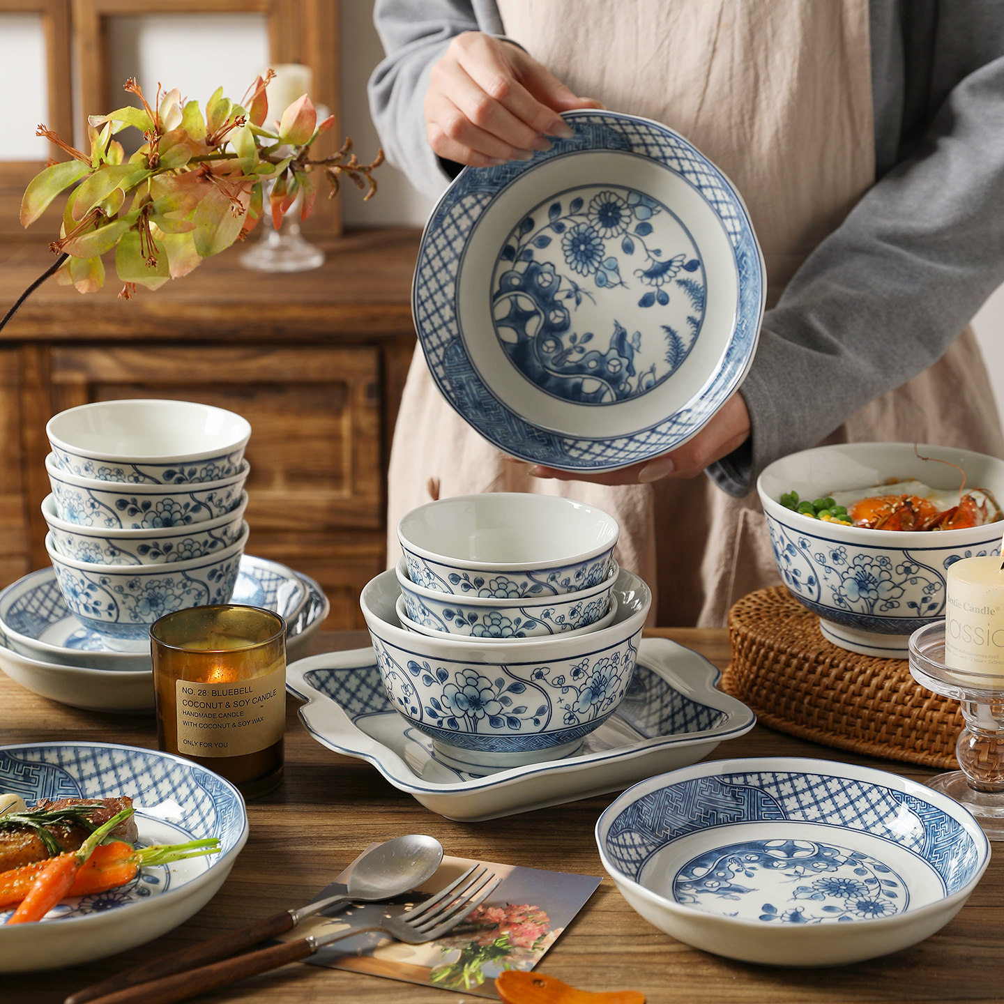 舍里中式釉下彩碗碟套装家用陶瓷吃米饭碗菜盘子餐盘乔迁新居餐具