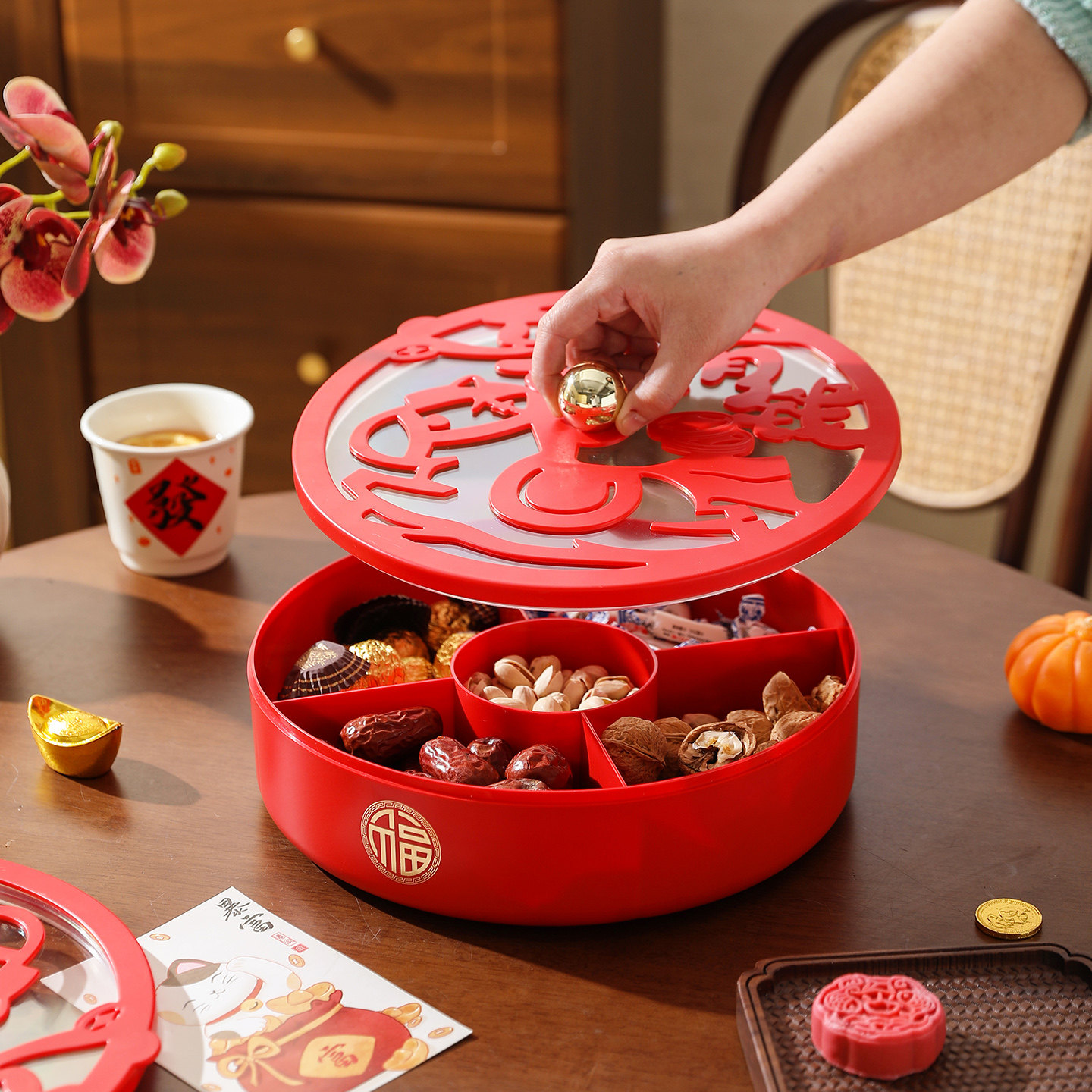 舍里喜庆带盖过年果盘家用客厅茶几干果收纳盒结婚分格瓜子糖果盘,餐饮具,果盆/果盘/果篮,淘宝优惠券,粉丝福利购,淘宝优惠卷