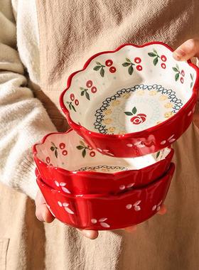 舍里手绘陶瓷碗饭碗水果碗沙拉碗甜品点心碗花边碗家用早餐碗餐具