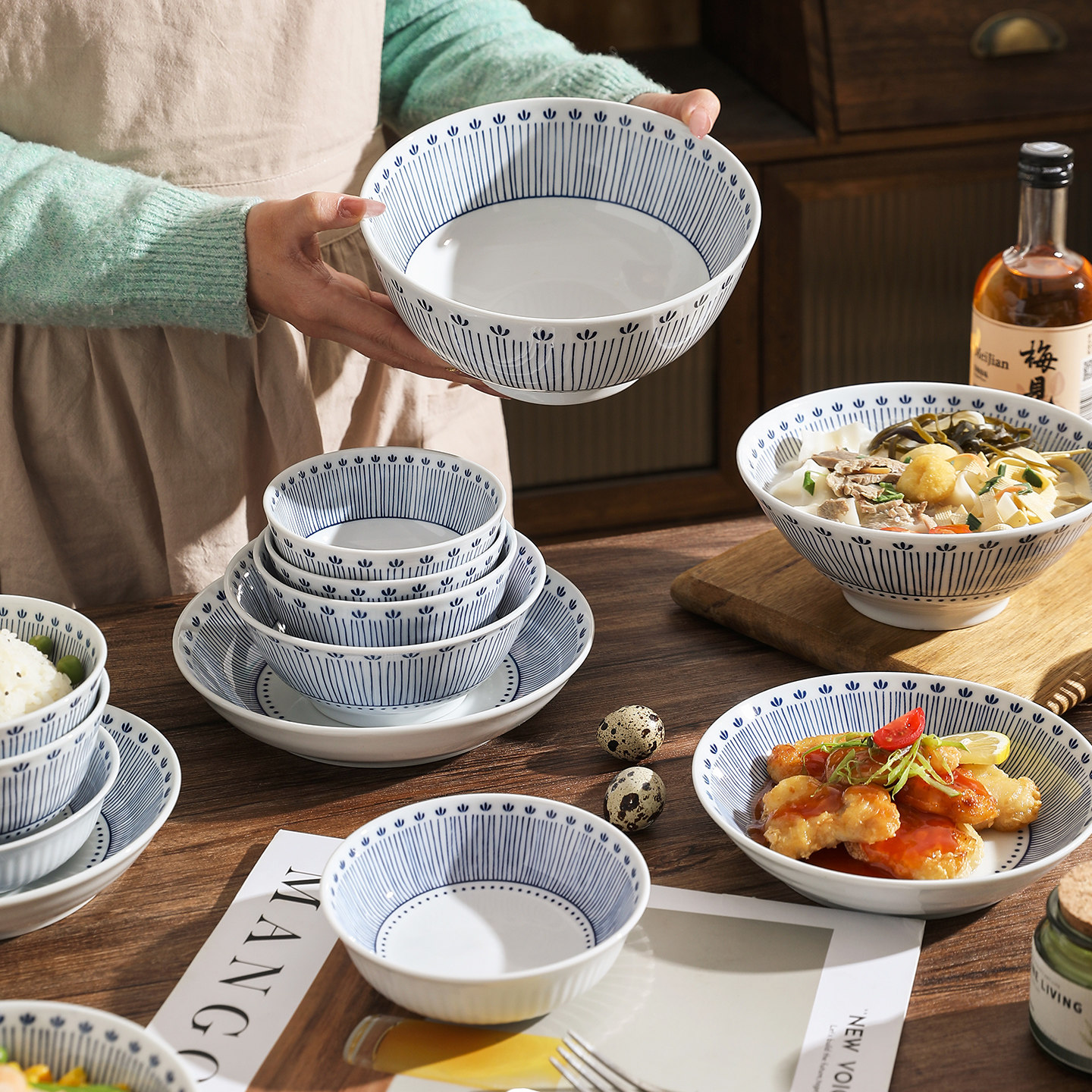 舍里复古青花陶瓷碗碟套装家用中式碗盘餐具组合米饭碗汤面碗鱼盘