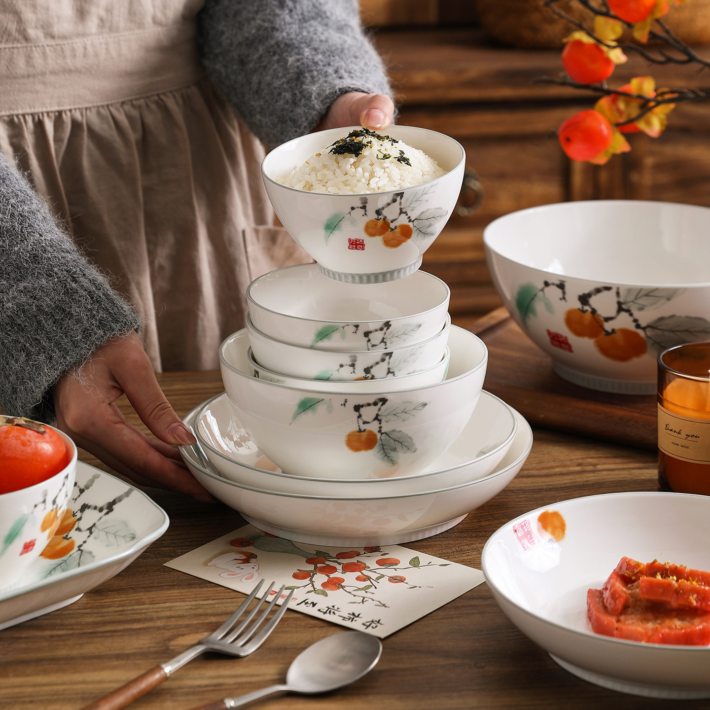 舍里中式柿子陶瓷碗碟套装家用碗盘餐具复古怀旧米饭碗炒菜盘鱼盘,餐饮具,碗,淘宝优惠券,粉丝福利购,淘宝优惠卷
