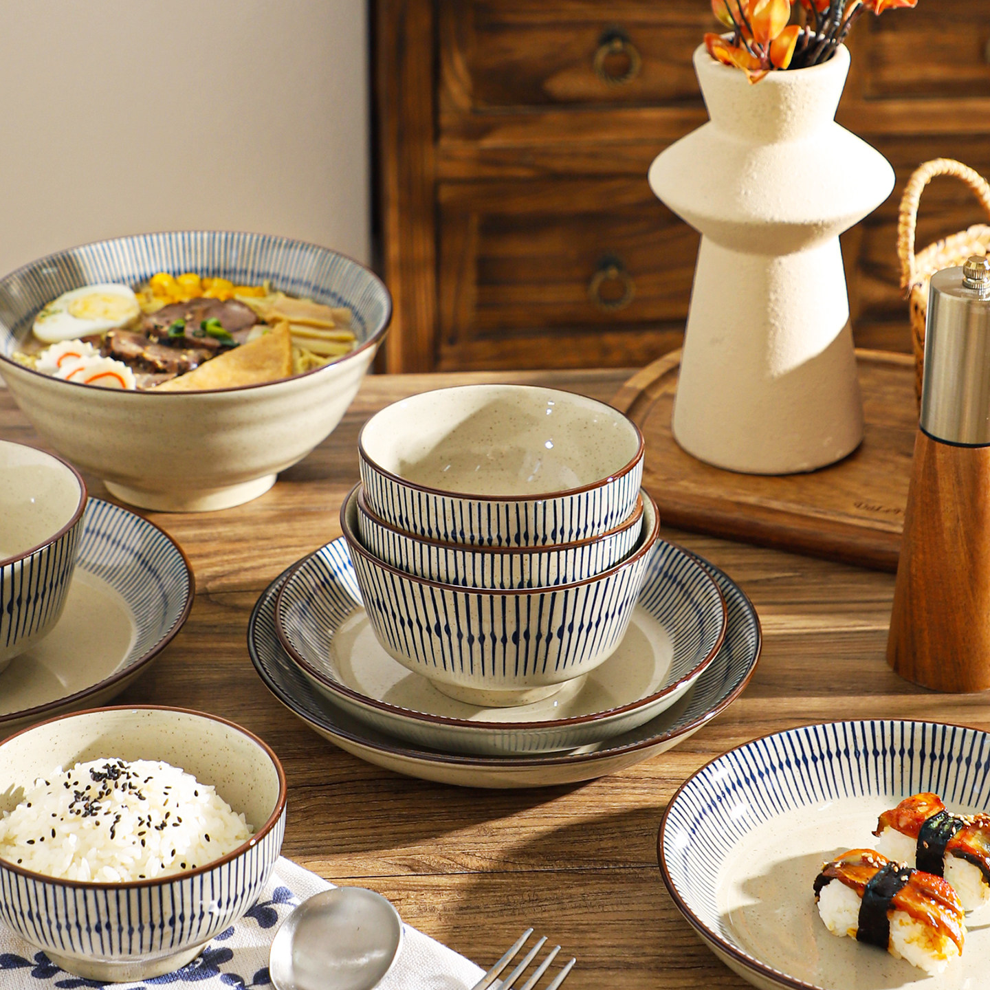 舍里中式条纹陶瓷碗盘套装家用釉下彩碗碟餐具复古米饭碗面碗鱼盘