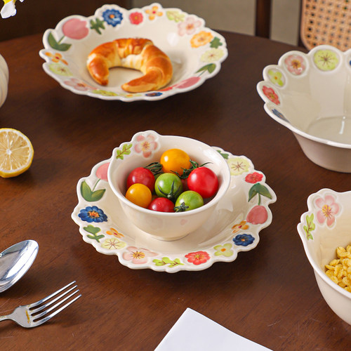 舍里花卉手绘釉下彩碗盘菜盘子