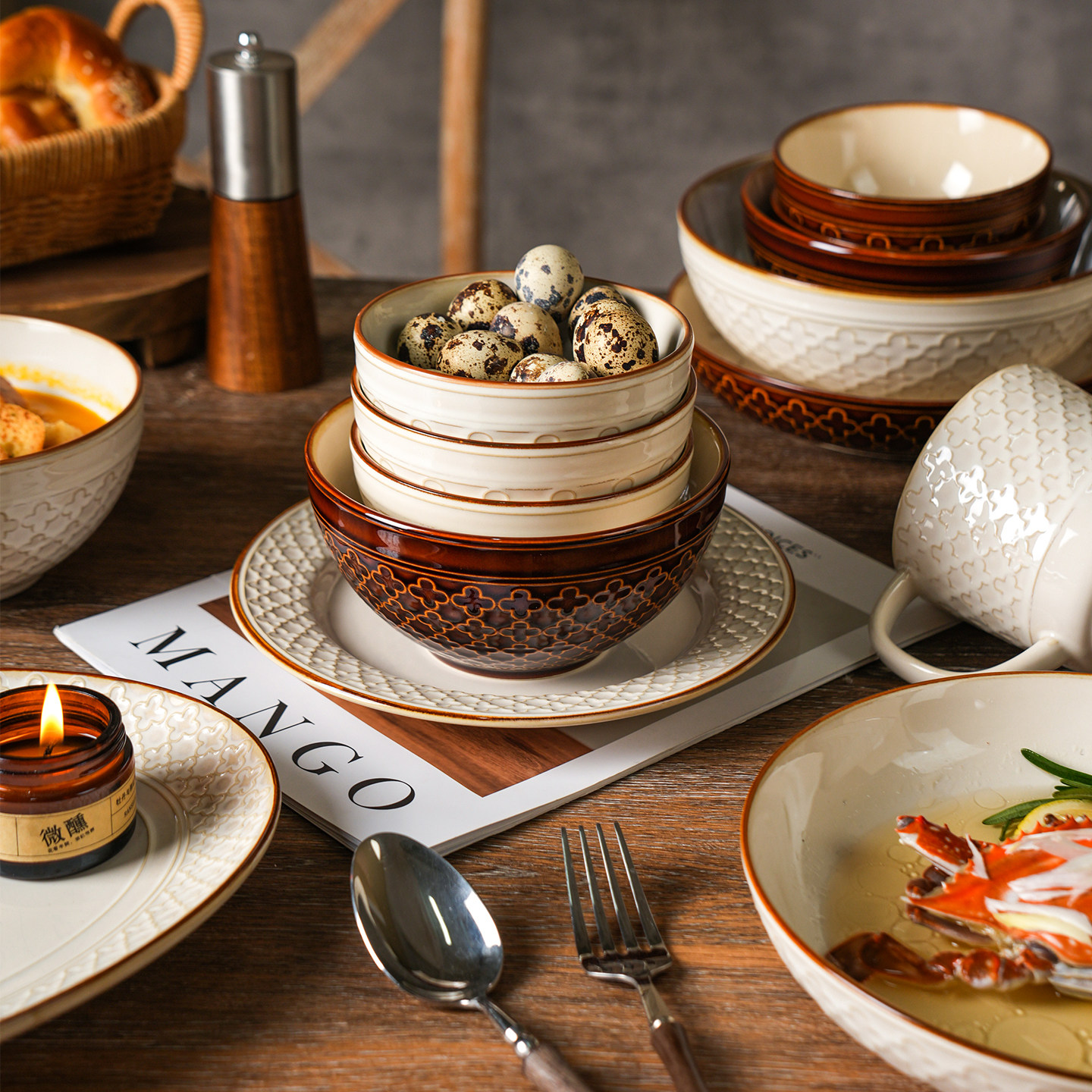 舍里北欧风陶瓷碗盘套装家用复古窑变米饭碗碗碟餐具高级感西餐盘