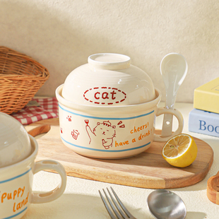 舍里萌趣带盖手柄泡面碗家用可微波炉饭碗学生宿舍面碗食堂打饭碗