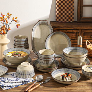 舍里复古中式 家用釉下彩餐具乔迁新居送礼碗盘筷组合 陶瓷碗碟套装