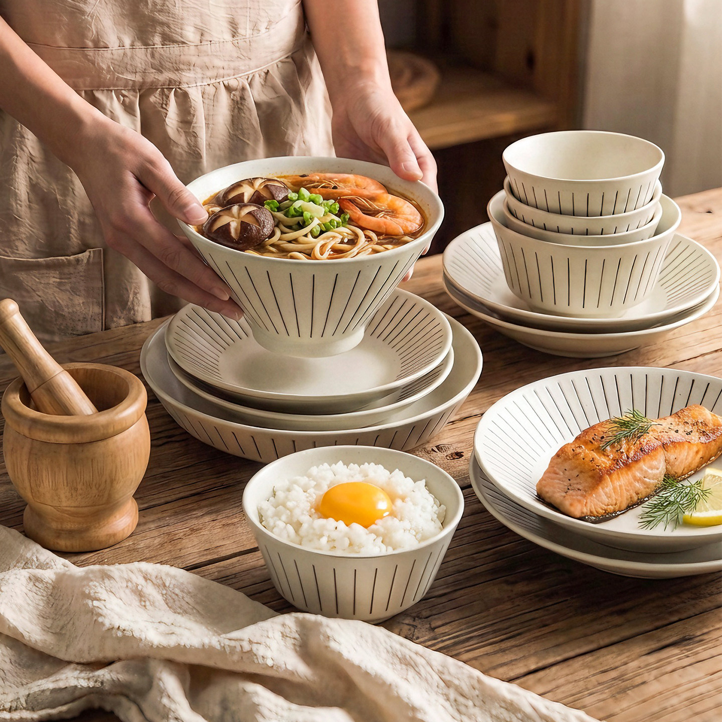 舍里复古线条陶瓷碗盘餐具套装家用高颜值吃米饭碗餐盘菜盘沙拉碗