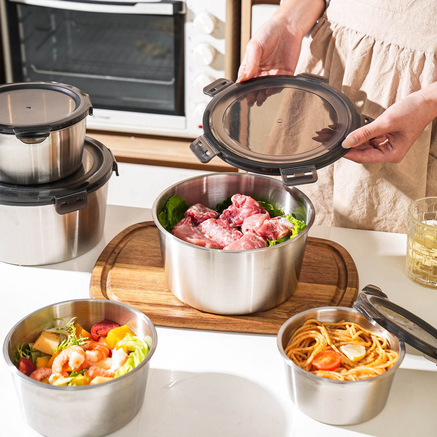 舍里304不锈钢保鲜盒带盖密封防漏便当盒餐盒饭盒冰箱食物收纳盒