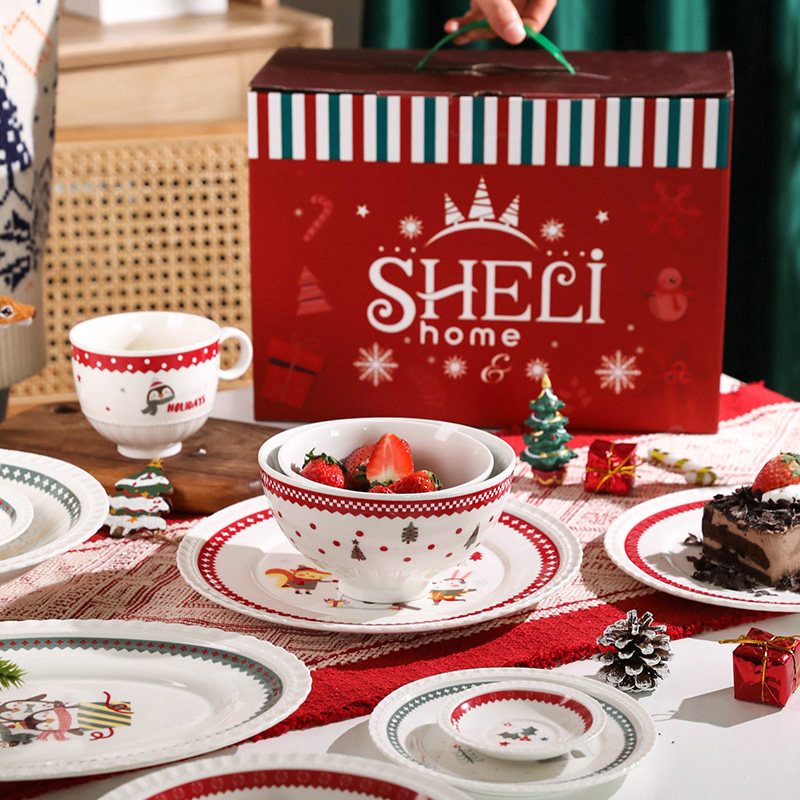 舍里圣诞节餐具高颜值吃饭碗可爱陶瓷点心盘西餐盘子创意圣诞礼物