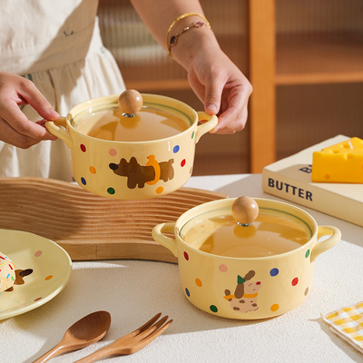 舍里可爱双耳泡面 面碗带盖子大容量高颜值陶瓷面 面碗宿舍学生个