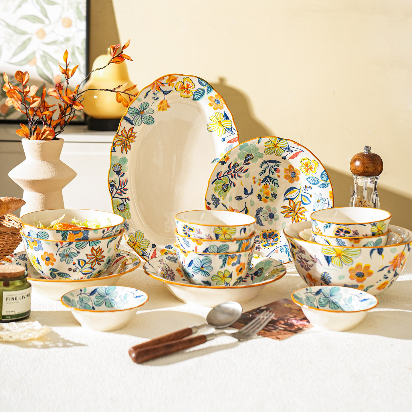 舍里复古陶瓷餐具套装家用轻奢碗碟组合釉下彩碗盘筷高档乔迁礼物