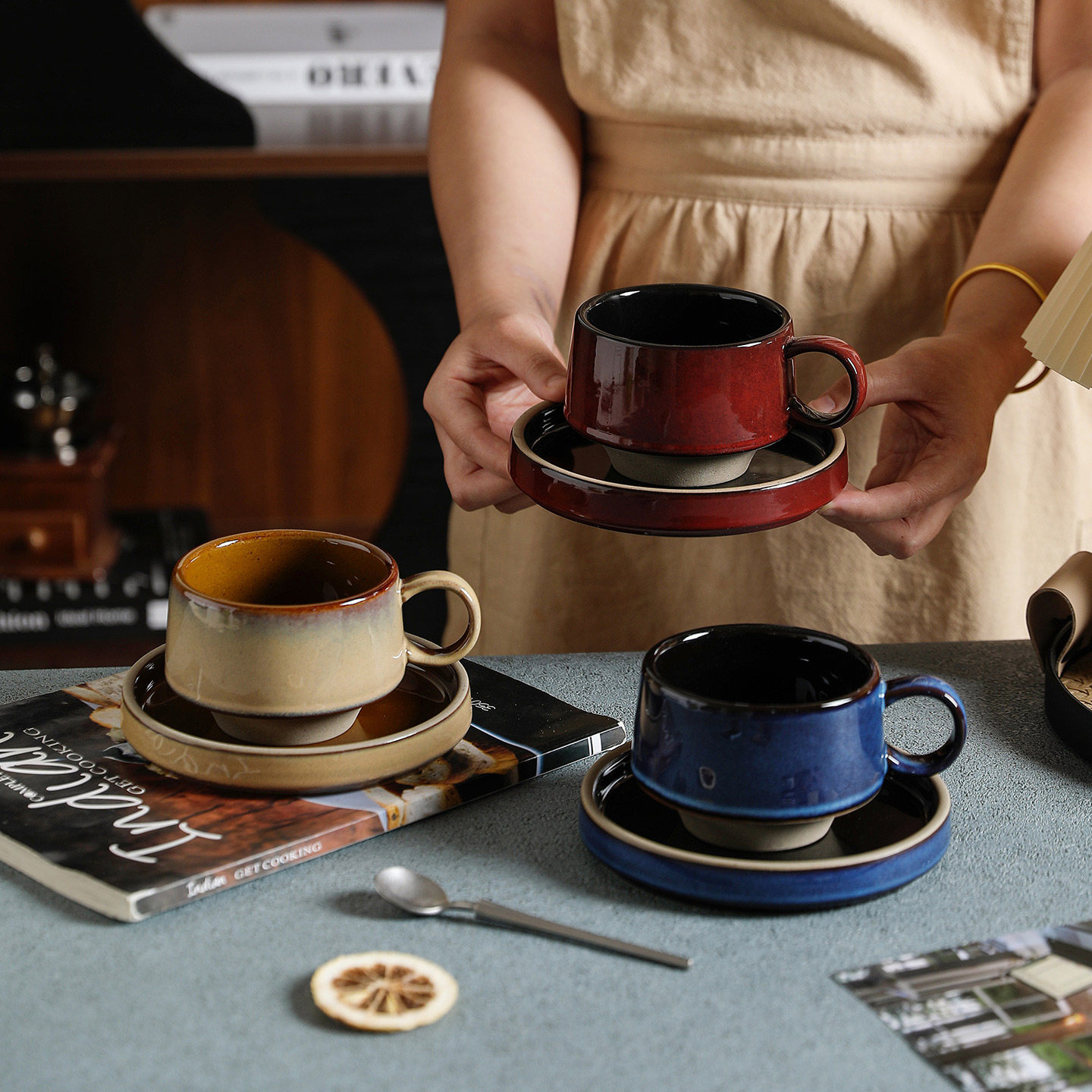 舍里北欧风复古咖啡杯碟套装创意窑变拉花杯子家用高档马克杯水杯