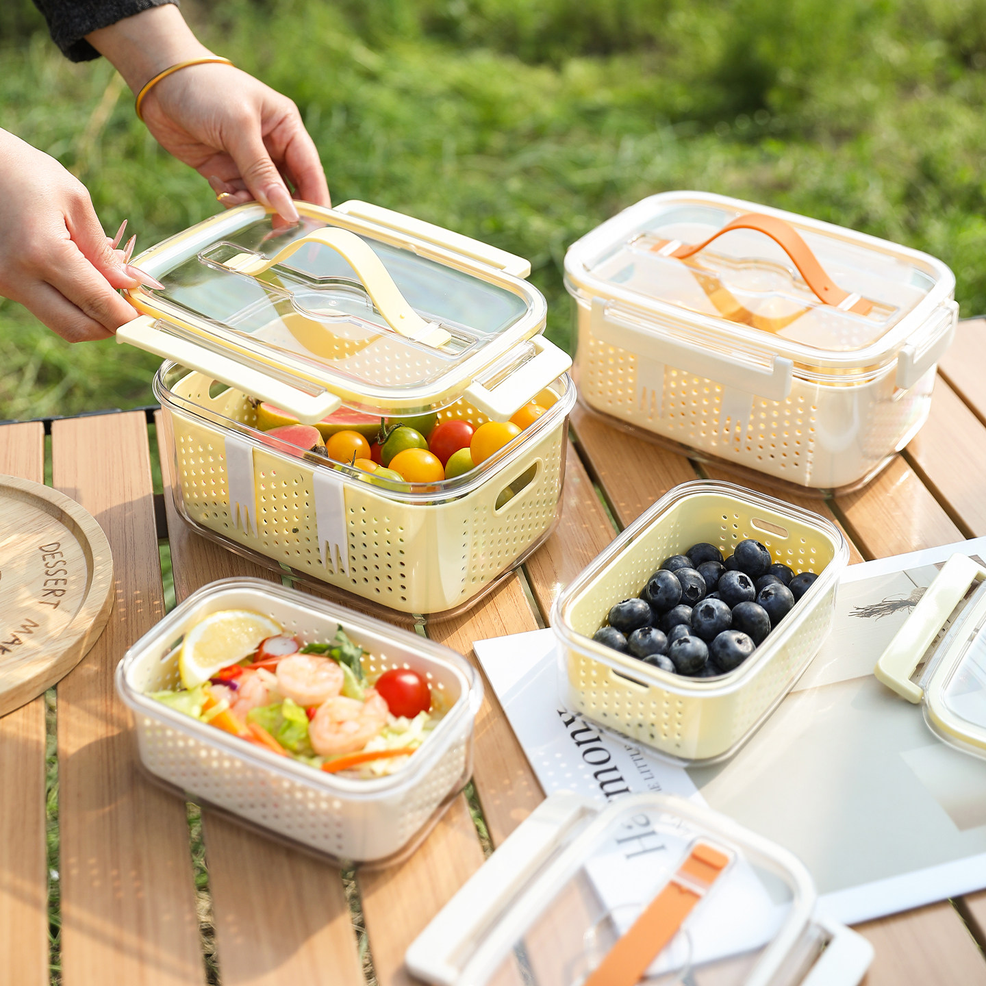 舍里可沥水手提保鲜盒食品级便携户外出春游露营野餐水果收纳盒