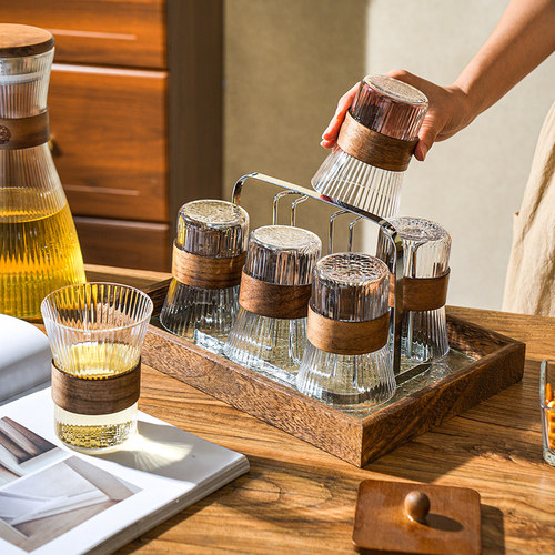 舍里胡桃木束腰高硼硅玻璃茶杯