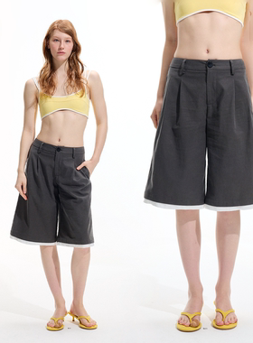 Still Life*棉麻中裤*撞色极简宽松西装裤中裤