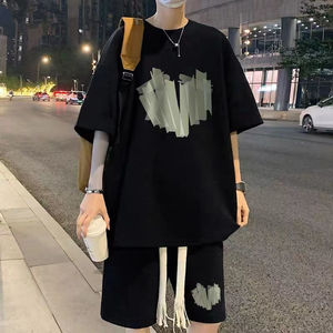 华夫格T恤男士夏季套装潮牌ins宽松短袖短裤一套冰丝运动篮球衣服