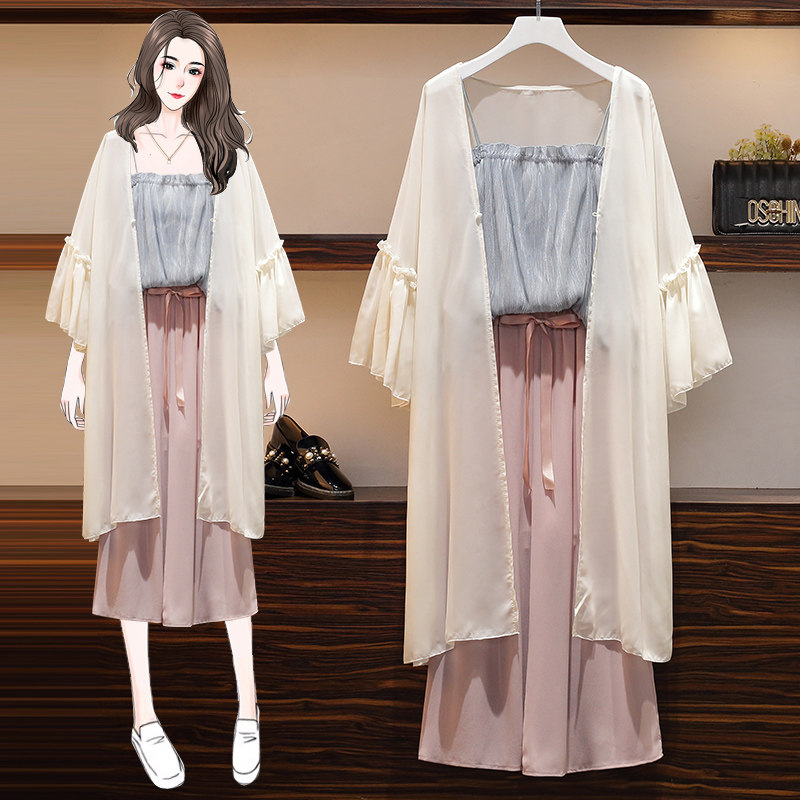 阔腿裤胖mm大码胯大腿粗遮胯宽显瘦梨形身材防晒衣雪纺裤子套装夏