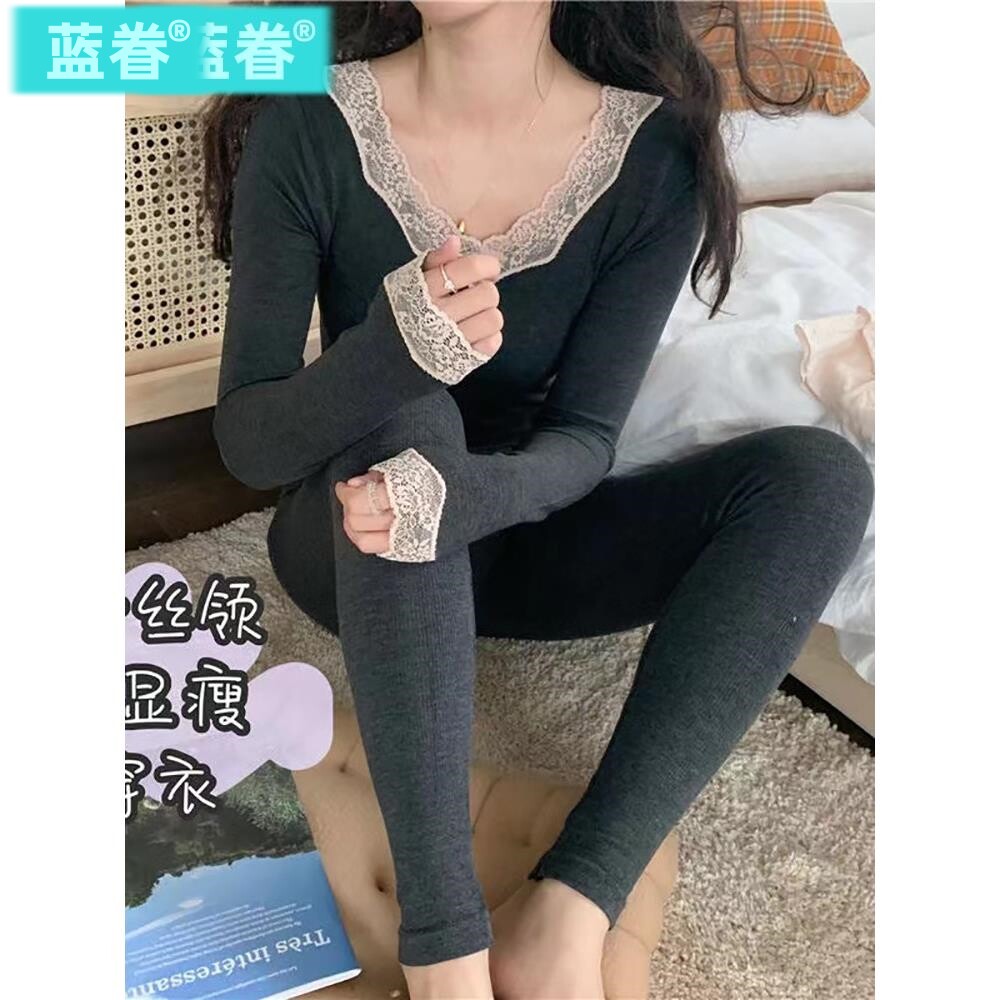 秋冬保暖发热保暖内衣套装女蕾丝花边深V领秋衣秋裤修身休闲百搭