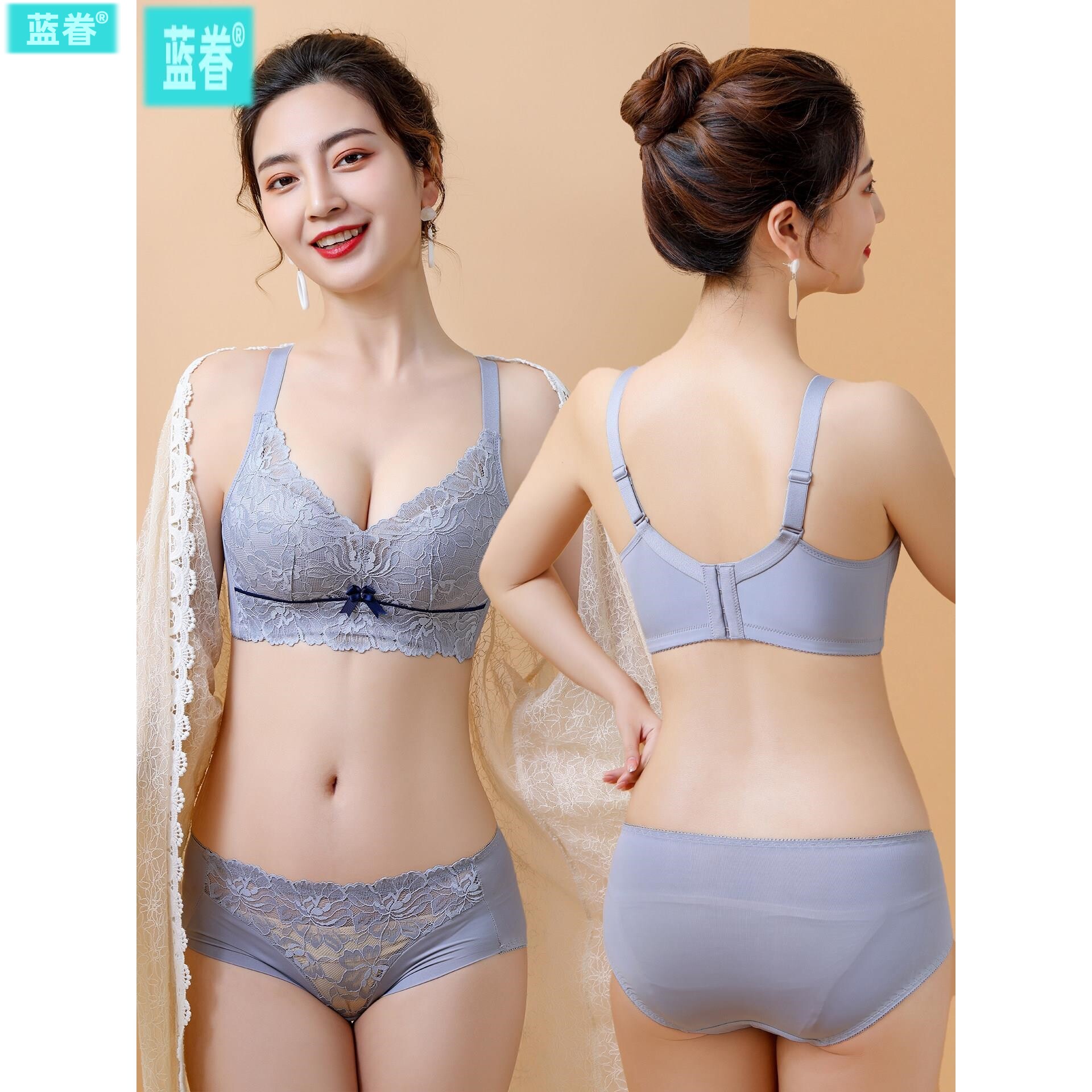 无钢圈舒适四排扣小胸聚拢收副乳上托防下垂胸罩蕾丝乳胶文胸套装