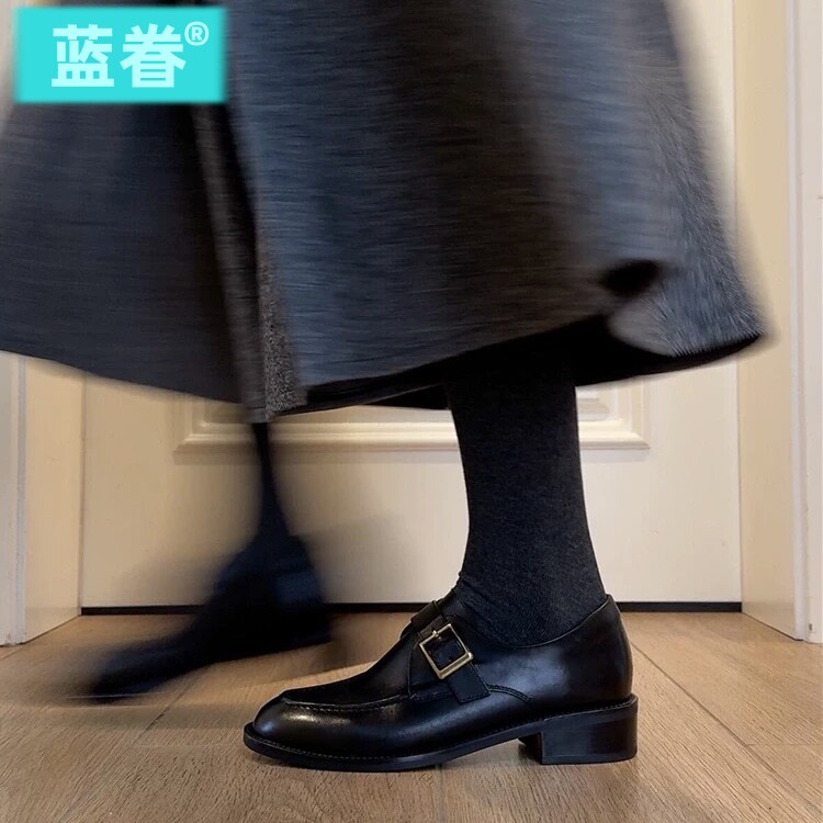 羊皮版~皮带扣显瘦粗跟乐福鞋女浅口单鞋