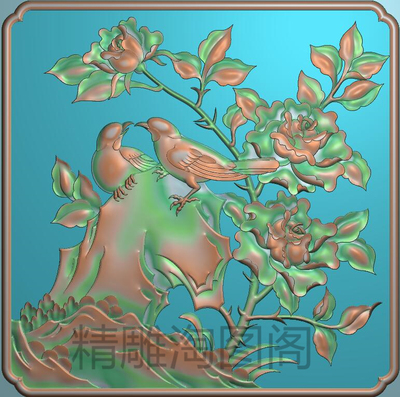 新款檀雕花鸟精雕图灰度图浮雕图精品月季鸟喜鹊门板背板186x186